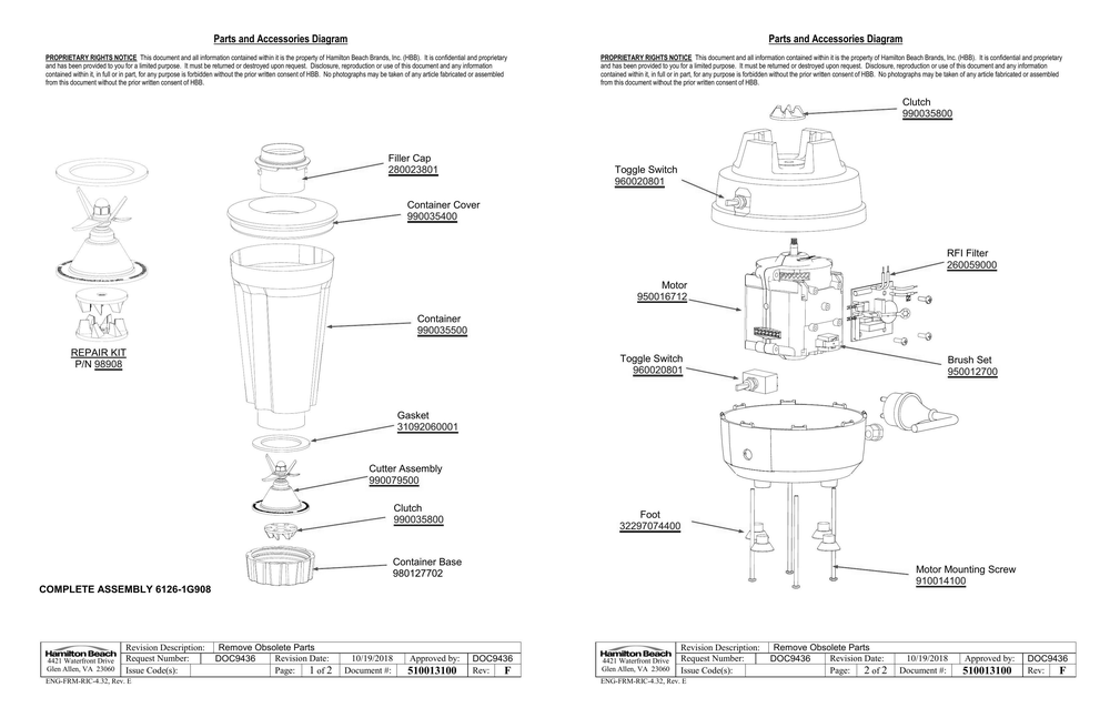 Diagram Diagram and Parts List for 1G908CCC  Hamilton Beach Blender